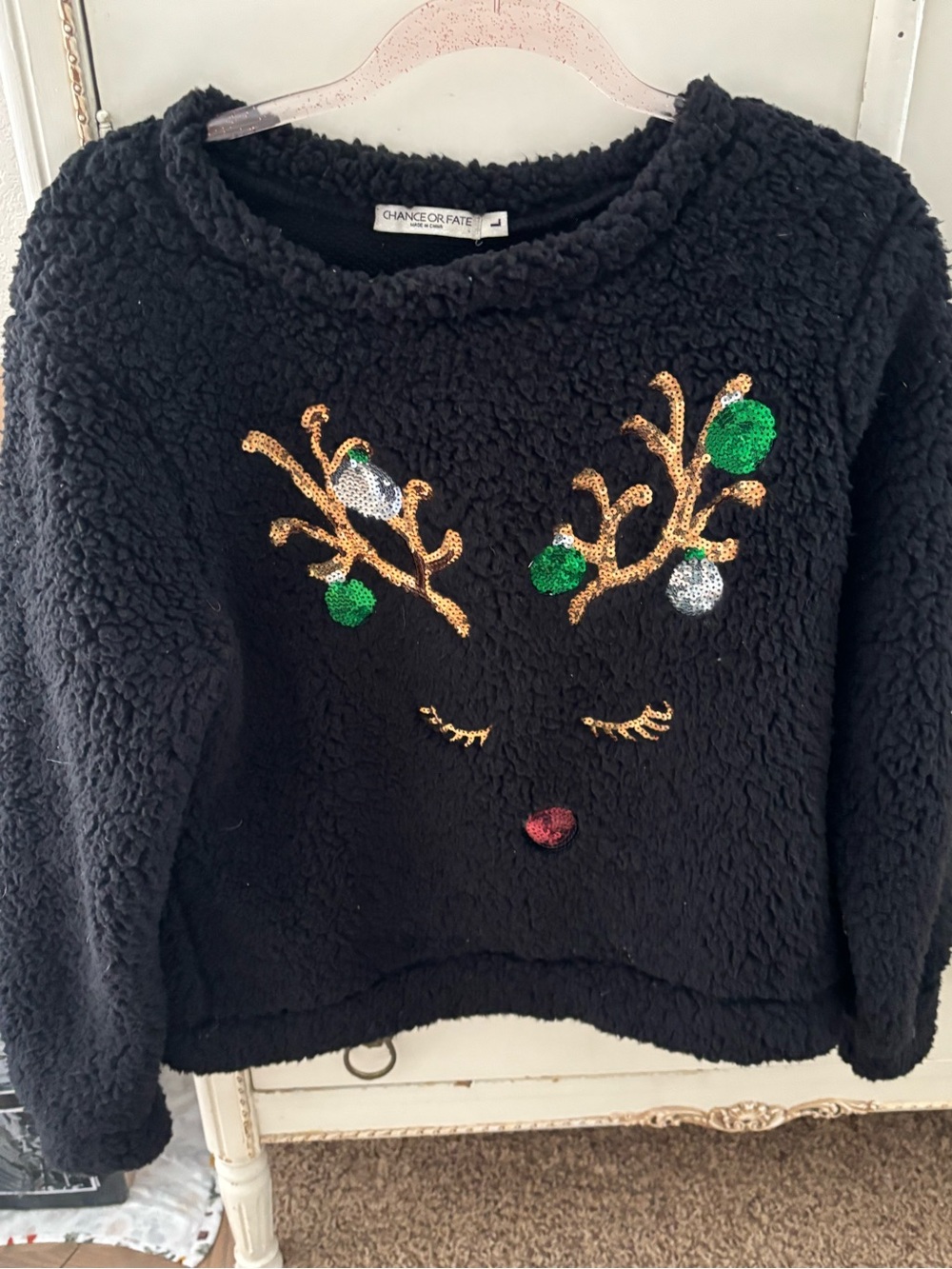 Chance or Fate Black Sequin Reindeer Face Crewneck Sweater